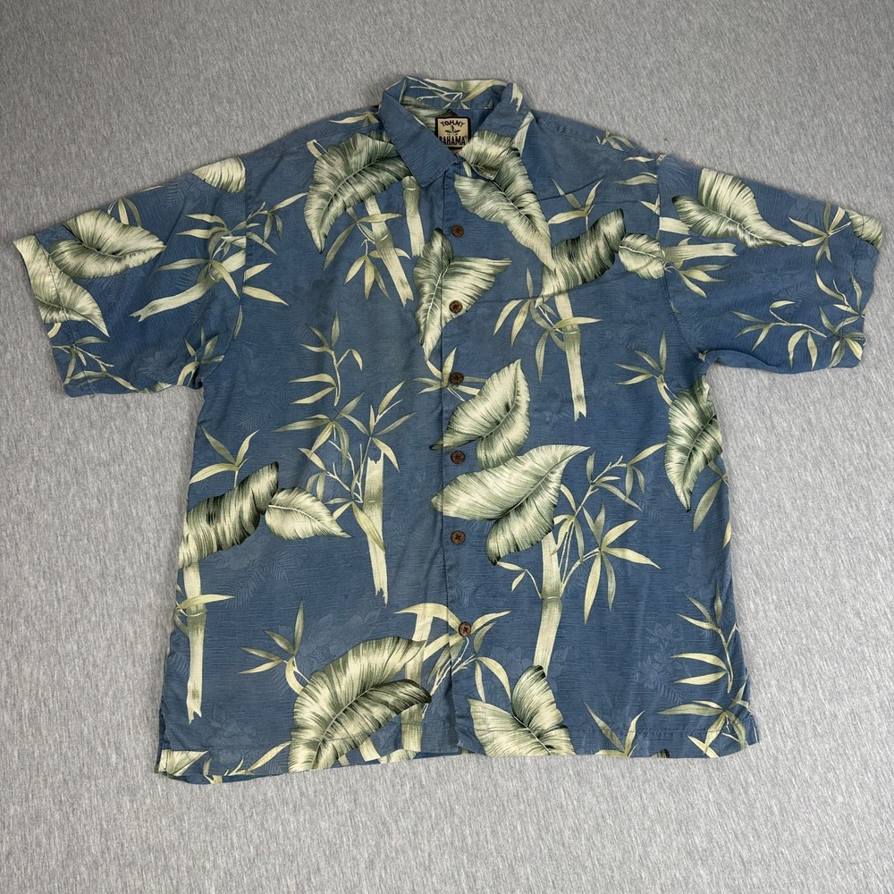 Tommy Bahama Mens M 100% Silk Hawaiian Camp Shirt Blue Bamboo Leaf Tropical